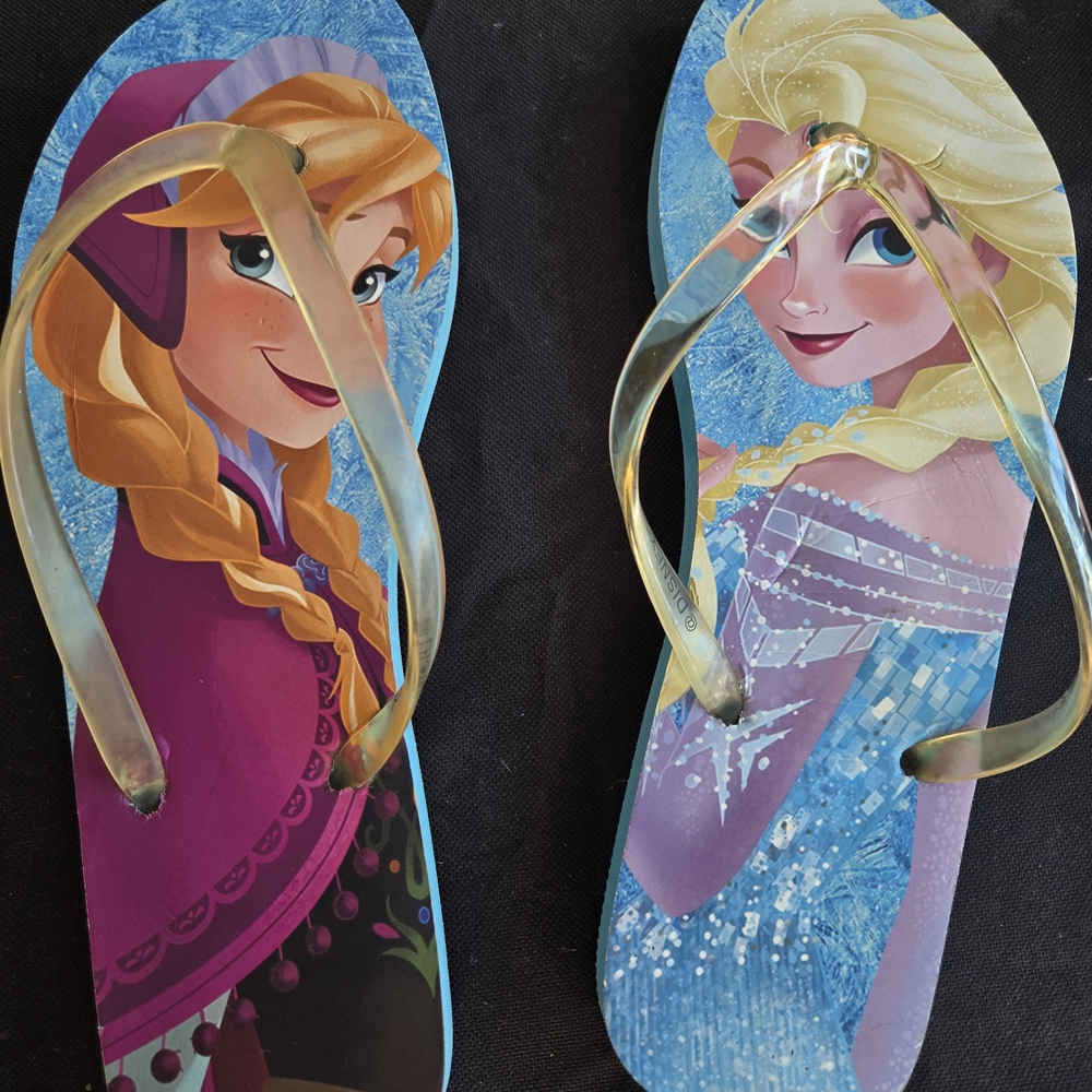 Disney Frozen Character Flip Flops with Goldish Clear Straps